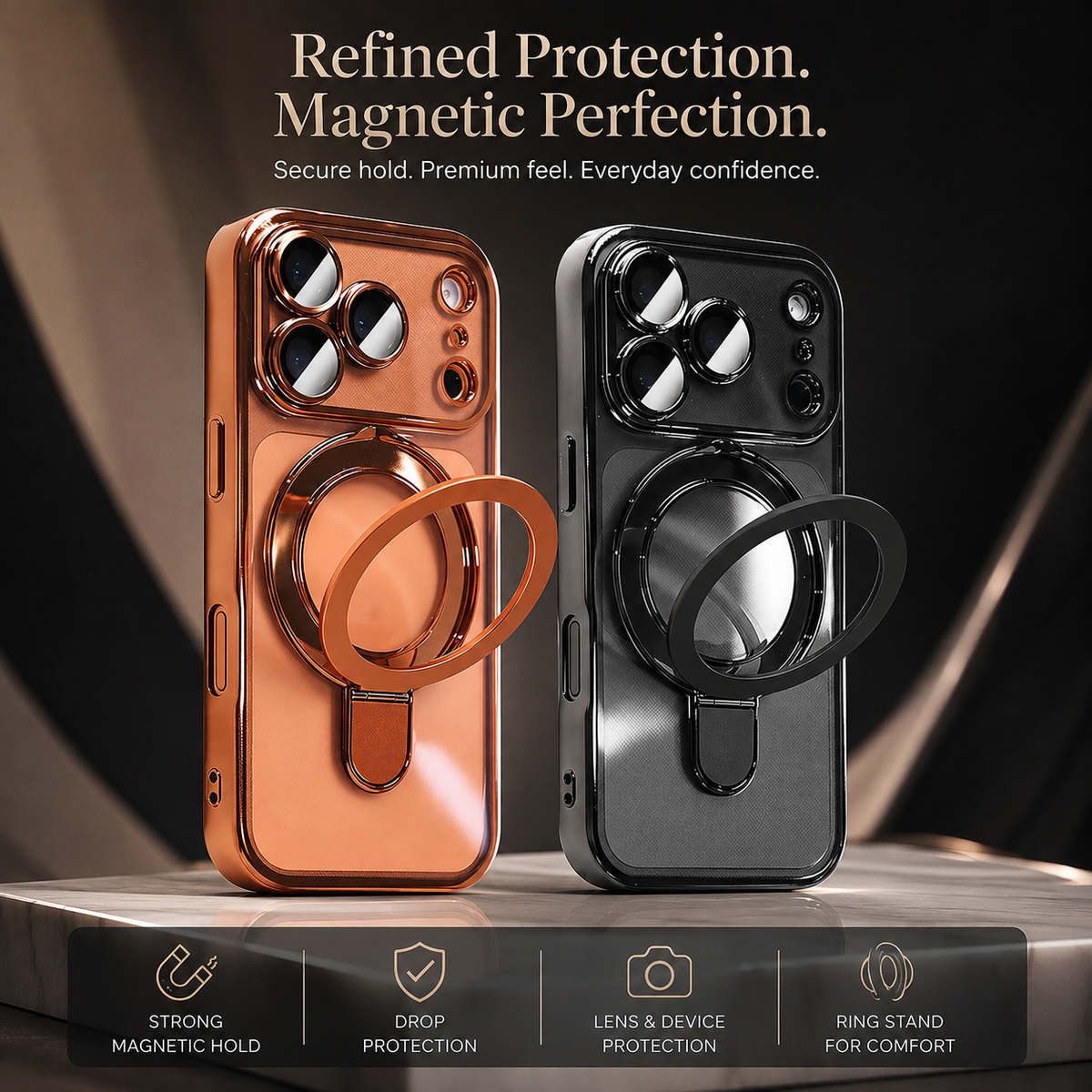 Premium iPhone Case MagSafe Clear Magnetic Plating Stand Holder Shockproof PC TPU Protective Cover Foldable Bracket Anti Scratch Slim Transparent Case