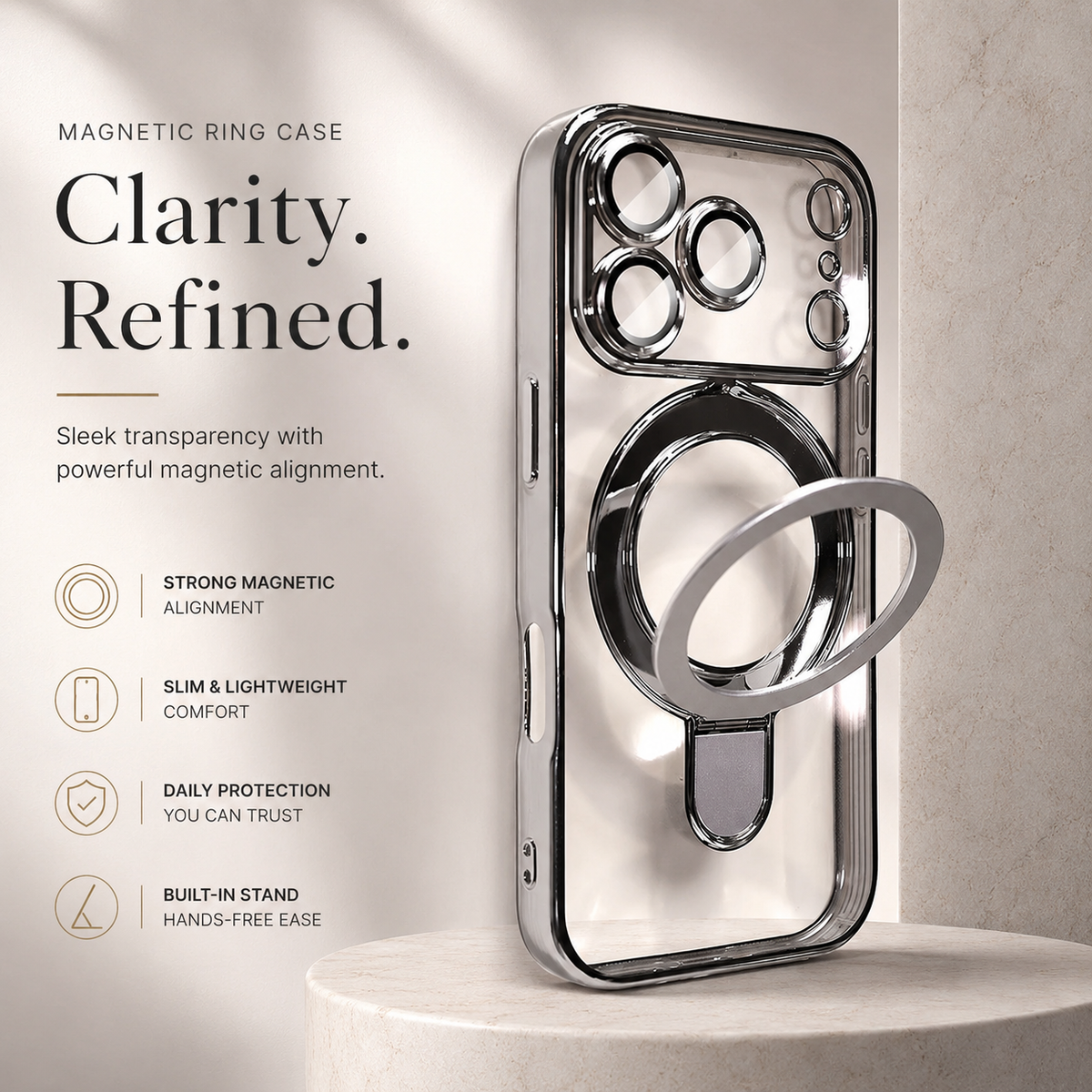 Premium iPhone Case MagSafe Clear Magnetic Plating Stand Holder Shockproof PC TPU Protective Cover Foldable Bracket Anti Scratch Slim Transparent Case