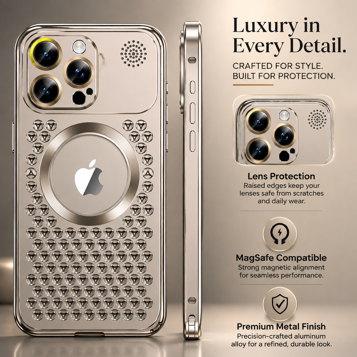 Premium iPhone Case MagSafe Compatible Aluminum Frame Heat Dissipation Shockproof Protective Cover Electroplated Metal Camera Lens Protection Slim Design