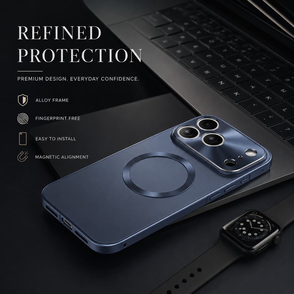 Premium iPhone Case MagSafe Compatible Aluminum Frame Ultra Thin Shockproof Protective Cover Frosted PC Back Anti Scratch Anti Fingerprint Slim Matte