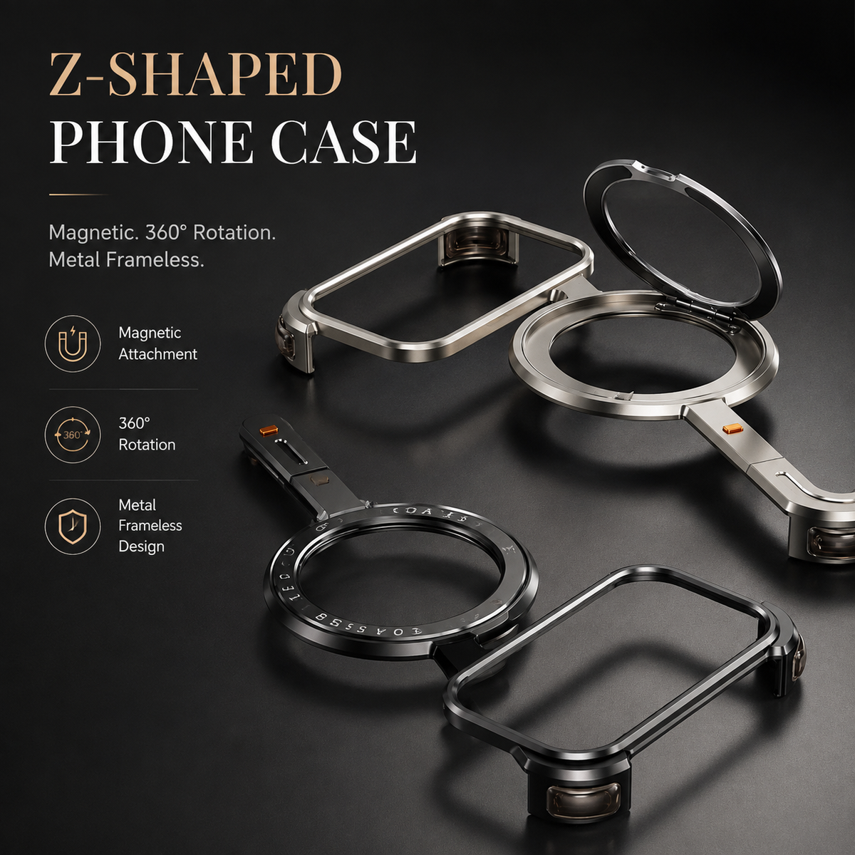 Premium iPhone Case MagSafe Compatible Aluminum Magnetic Frameless Shockproof Protective Cover 360° Rotating Ring Stand Camera Lens Guard Slim Design