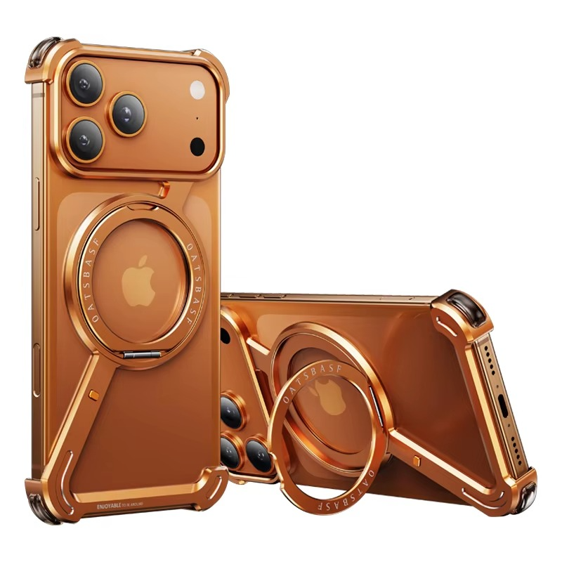 Premium iPhone Case MagSafe Compatible Aluminum Magnetic Frameless Shockproof Protective Cover 360° Rotating Ring Stand Camera Lens Guard Slim Design