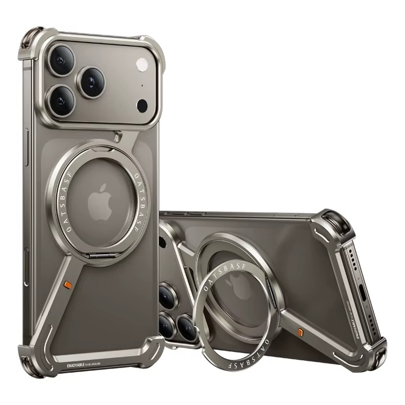 Premium iPhone Case MagSafe Compatible Aluminum Magnetic Frameless Shockproof Protective Cover 360° Rotating Ring Stand Camera Lens Guard Slim Design