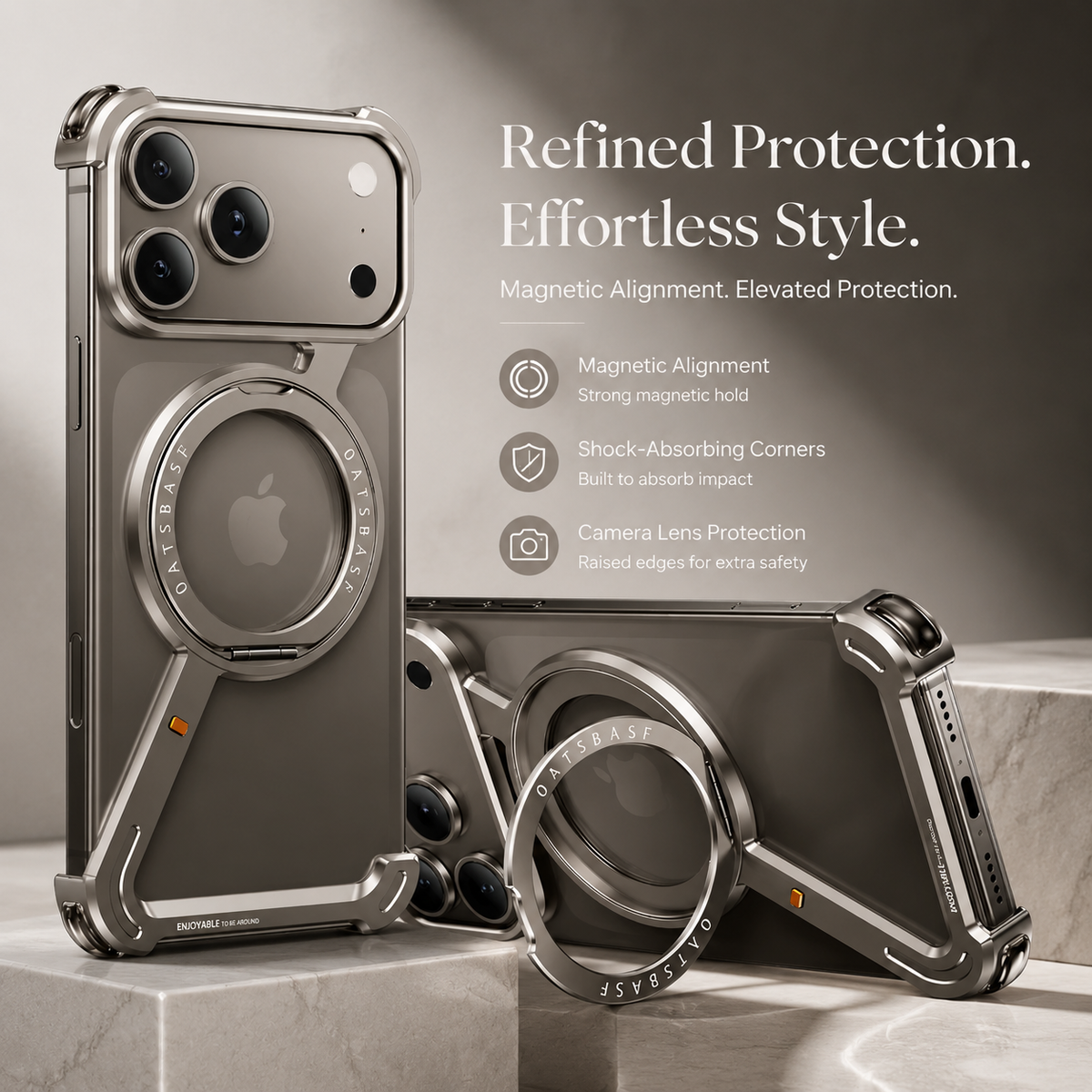 Premium iPhone Case MagSafe Compatible Aluminum Magnetic Frameless Shockproof Protective Cover 360° Rotating Ring Stand Camera Lens Guard Slim Design