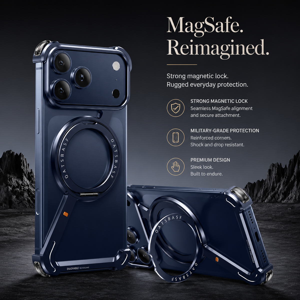 Premium iPhone Case MagSafe Compatible Aluminum Magnetic Frameless Shockproof Protective Cover 360° Rotating Ring Stand Camera Lens Guard Slim Design