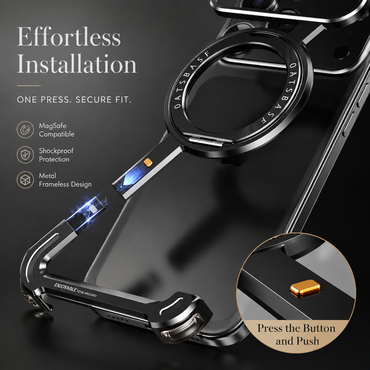 Premium iPhone Case MagSafe Compatible Aluminum Magnetic Frameless Shockproof Protective Cover 360° Rotating Ring Stand Camera Lens Guard Slim Design