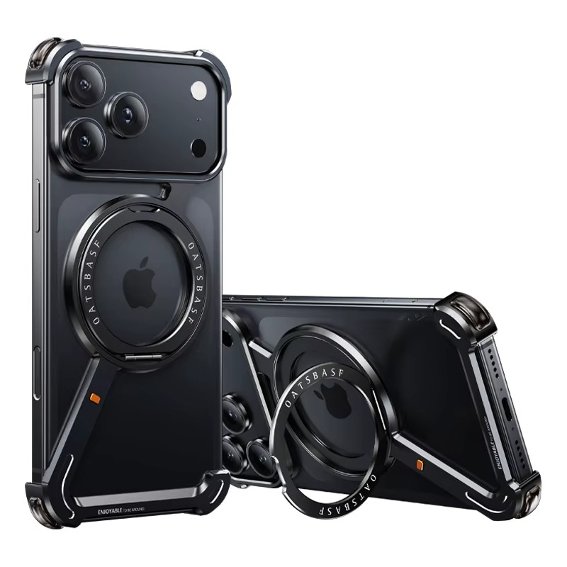 Premium iPhone Case MagSafe Compatible Aluminum Magnetic Frameless Shockproof Protective Cover 360° Rotating Ring Stand Camera Lens Guard Slim Design
