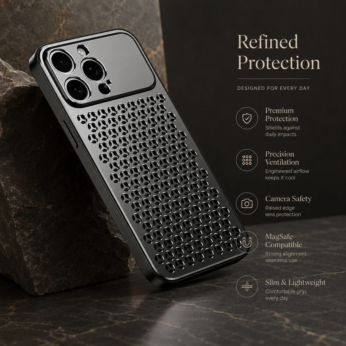 Premium iPhone Case MagSafe Compatible Aluminum Metal Breathable Cover Ultra Thin Matte Shockproof Protection Camera Lens Guard Slim Lightweight Design