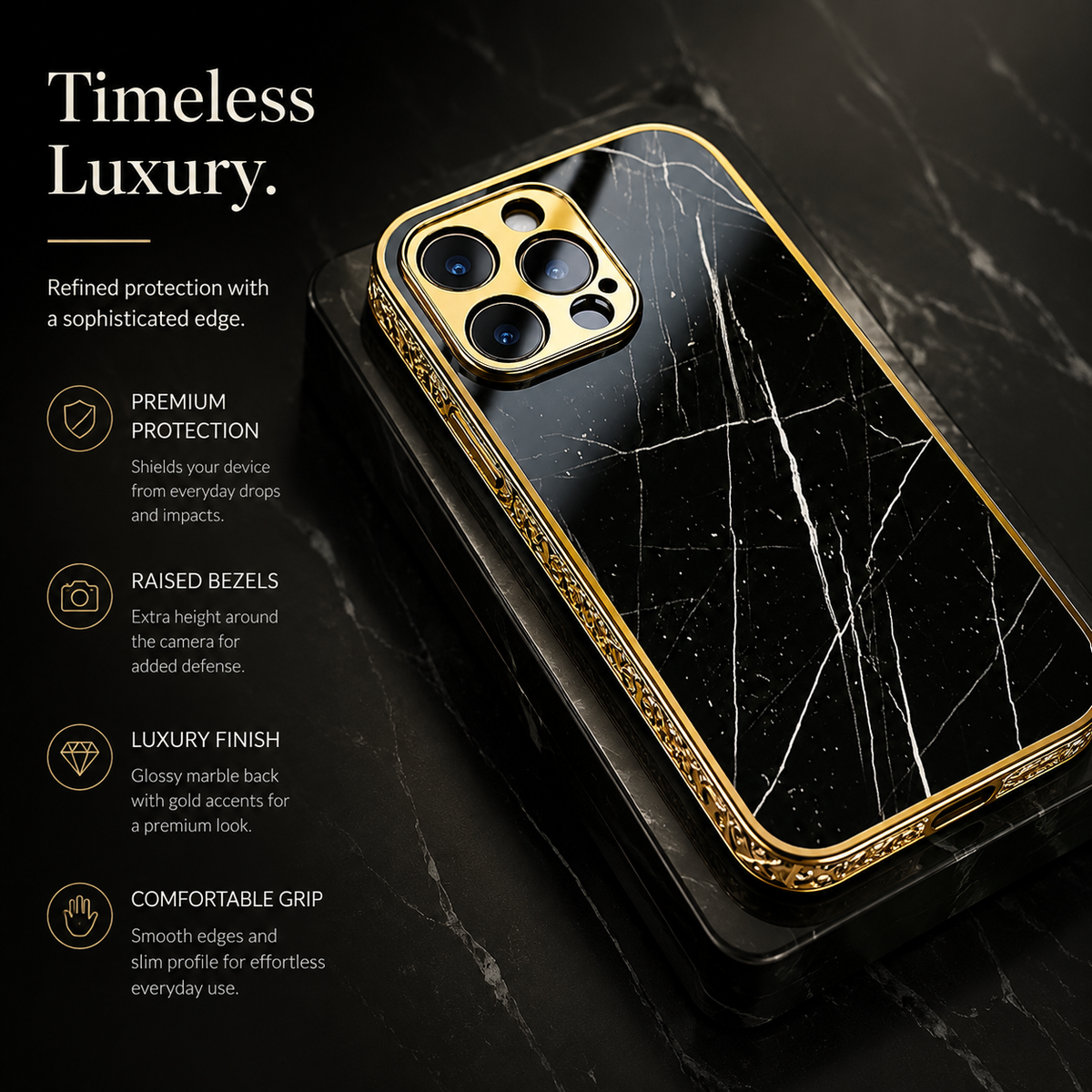 Premium iPhone Case MagSafe Compatible Black Marble Texture Shockproof Protective Cover Gold Edge Design Camera Lens Protection 3D Grip Slim Profile