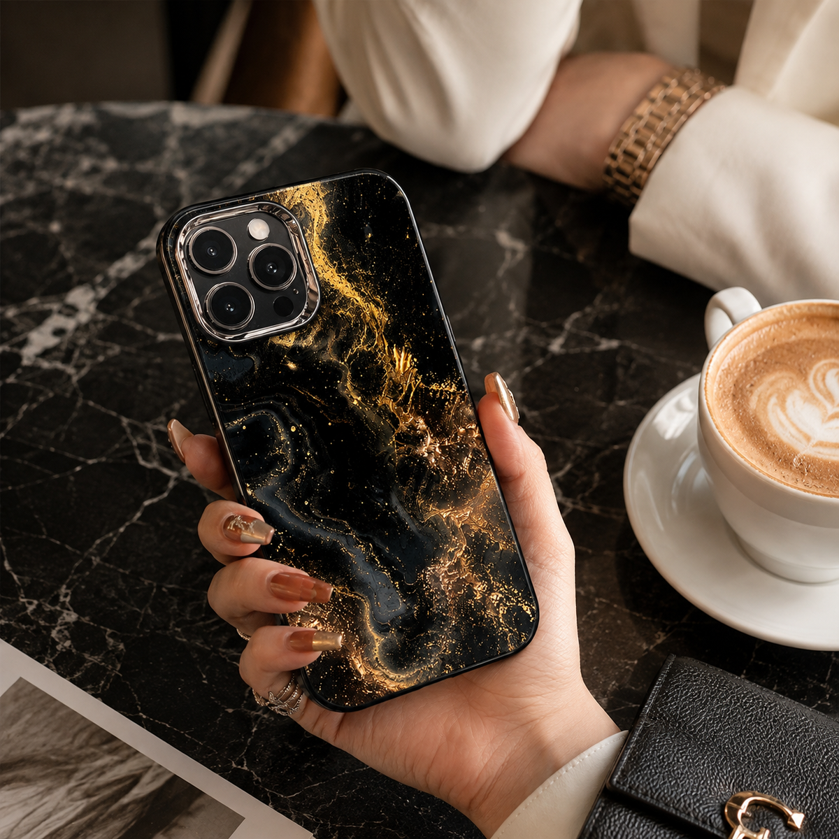 Premium iPhone Case MagSafe Compatible Black Marble Texture Shockproof Protective Cover Gold Edge Design Camera Lens Protection 3D Grip Slim Profile