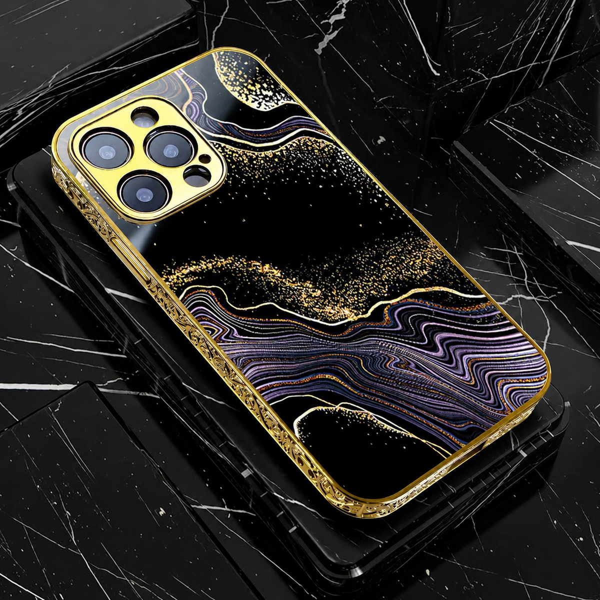 Premium iPhone Case MagSafe Compatible Black Marble Texture Shockproof Protective Cover Gold Edge Design Camera Lens Protection 3D Grip Slim Profile