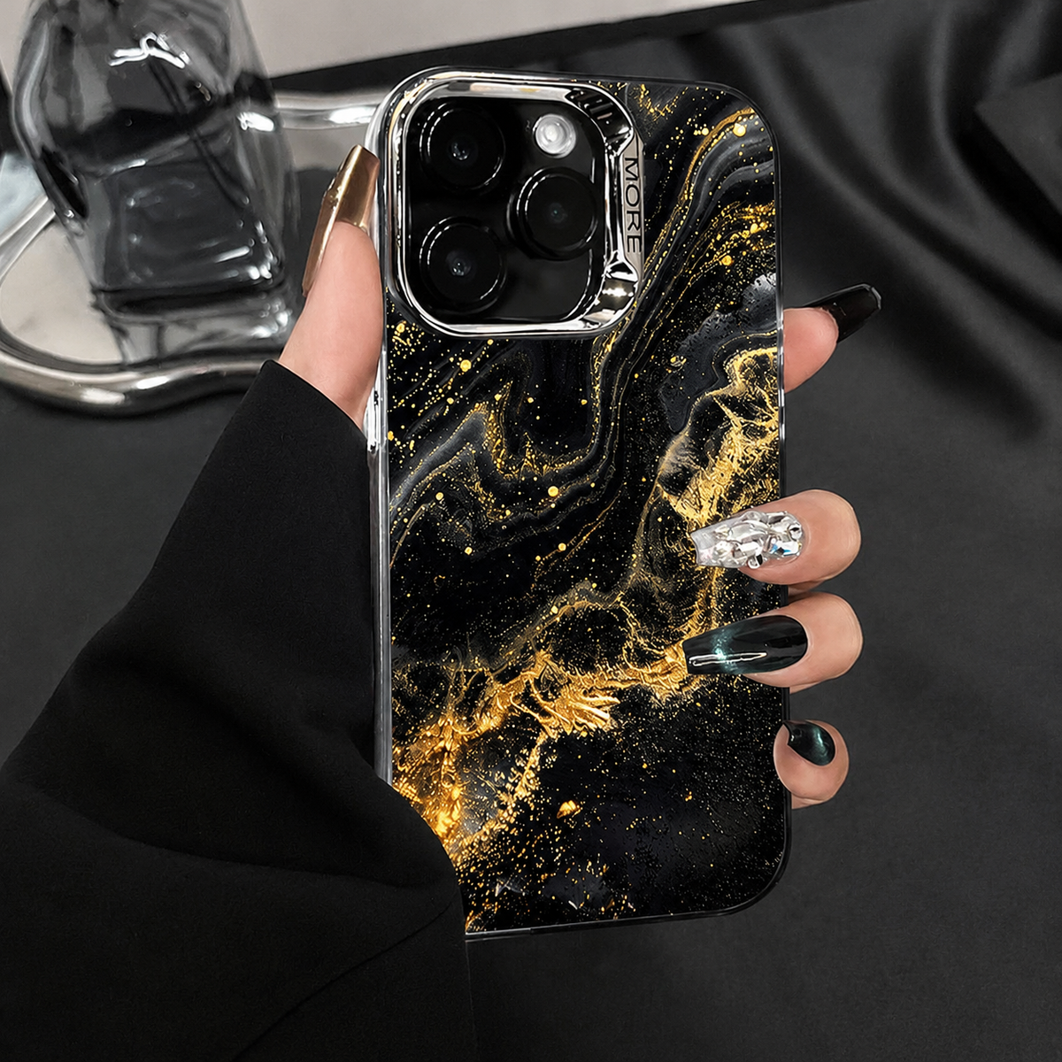 Premium iPhone Case MagSafe Compatible Black Marble Texture Shockproof Protective Cover Gold Edge Design Camera Lens Protection 3D Grip Slim Profile