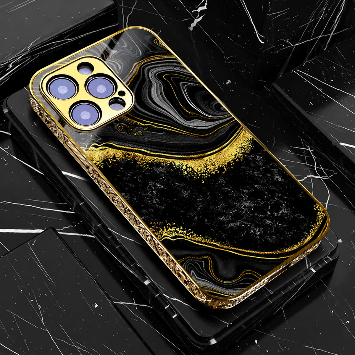 Premium iPhone Case MagSafe Compatible Black Marble Texture Shockproof Protective Cover Gold Edge Design Camera Lens Protection 3D Grip Slim Profile