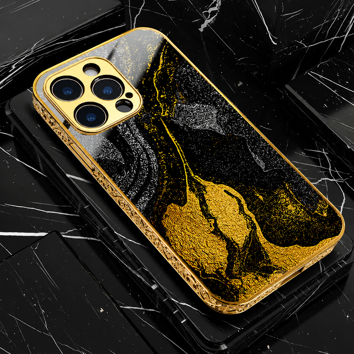 Premium iPhone Case MagSafe Compatible Black Marble Texture Shockproof Protective Cover Gold Edge Design Camera Lens Protection 3D Grip Slim Profile