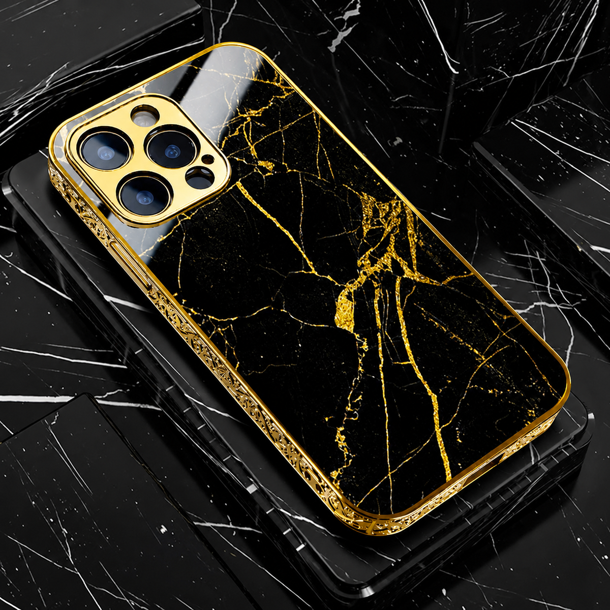 Premium iPhone Case MagSafe Compatible Black Marble Texture Shockproof Protective Cover Gold Edge Design Camera Lens Protection 3D Grip Slim Profile