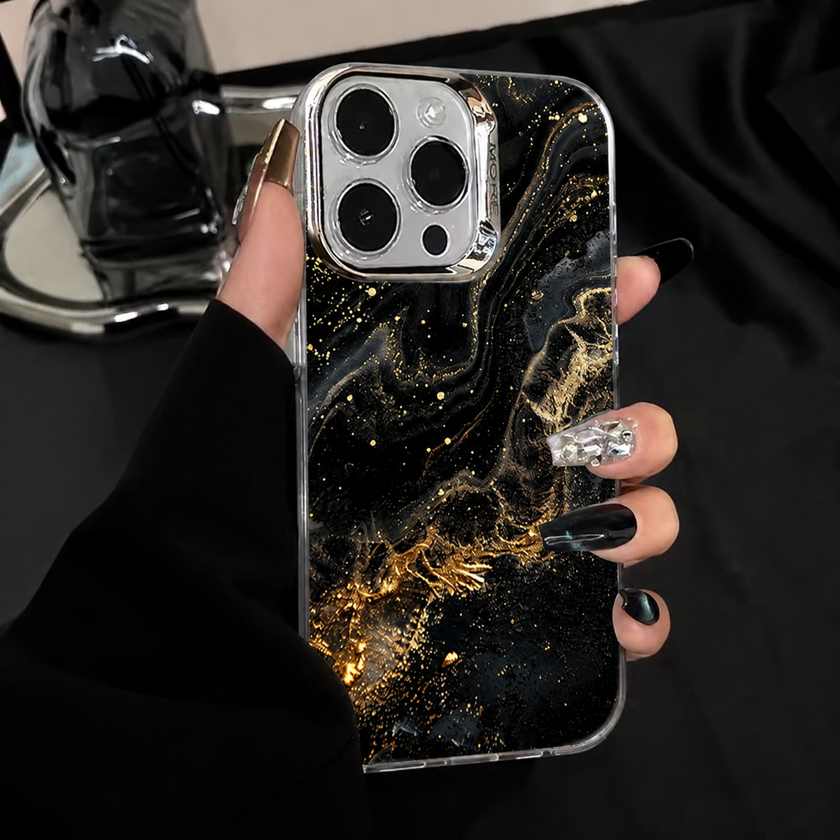 Premium iPhone Case MagSafe Compatible Black Marble Texture Shockproof Protective Cover Gold Edge Design Camera Lens Protection 3D Grip Slim Profile