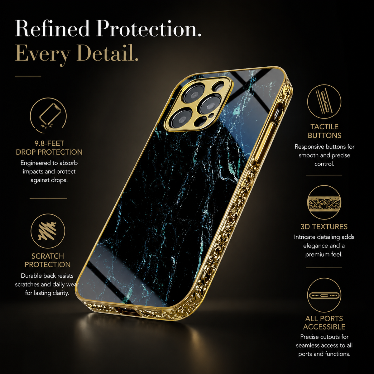 Premium iPhone Case MagSafe Compatible Black Marble Texture Shockproof Protective Cover Gold Edge Design Camera Lens Protection 3D Grip Slim Profile