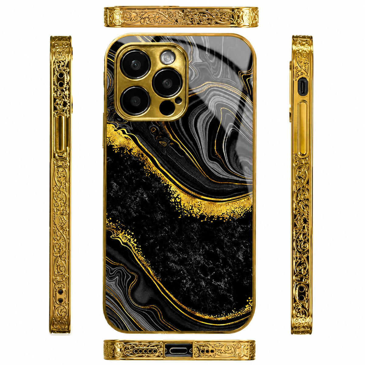 Premium iPhone Case MagSafe Compatible Black Marble Texture Shockproof Protective Cover Gold Edge Design Camera Lens Protection 3D Grip Slim Profile