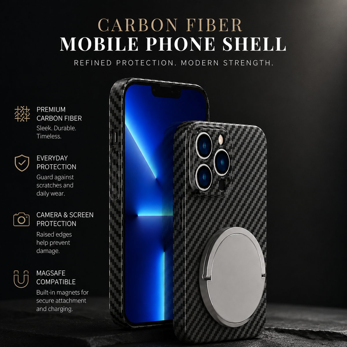 Premium iPhone Case MagSafe Compatible Carbon Fiber Magnetic Cover Shockproof Protection Camera Lens Guard Slim Lightweight Anti Scratch Durable Design