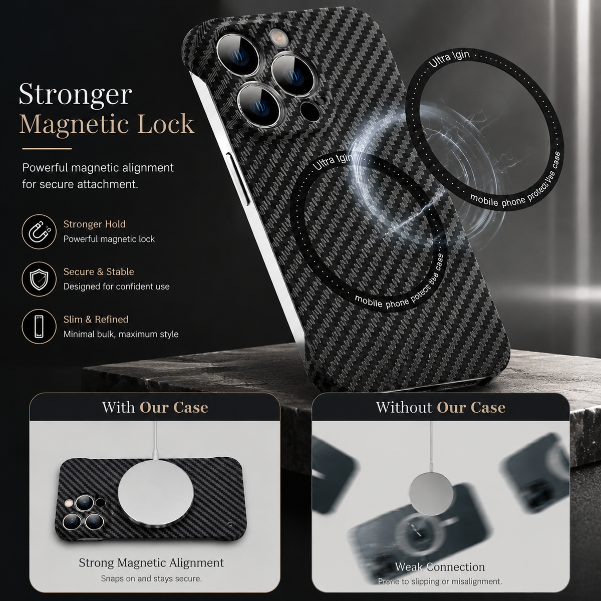 Premium iPhone Case MagSafe Compatible Carbon Fiber Magnetic Cover Shockproof Protection Camera Lens Guard Slim Lightweight Anti Scratch Durable Design