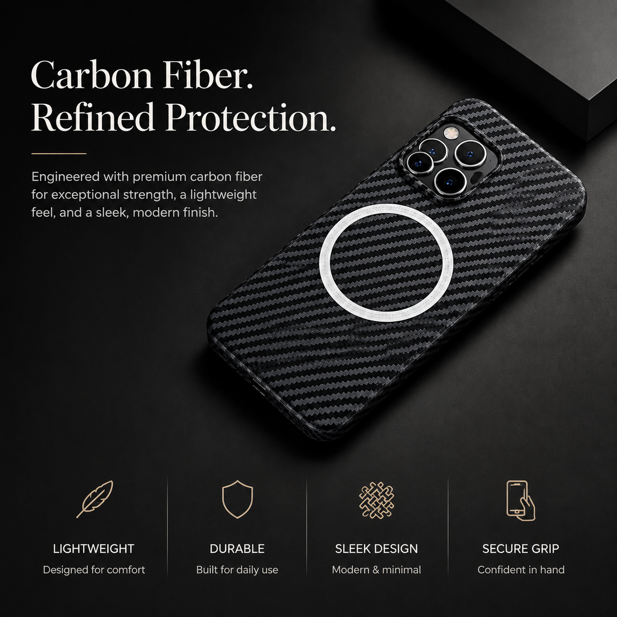 Premium iPhone Case MagSafe Compatible Carbon Fiber Magnetic Cover Shockproof Protection Camera Lens Guard Slim Lightweight Anti Scratch Durable Design