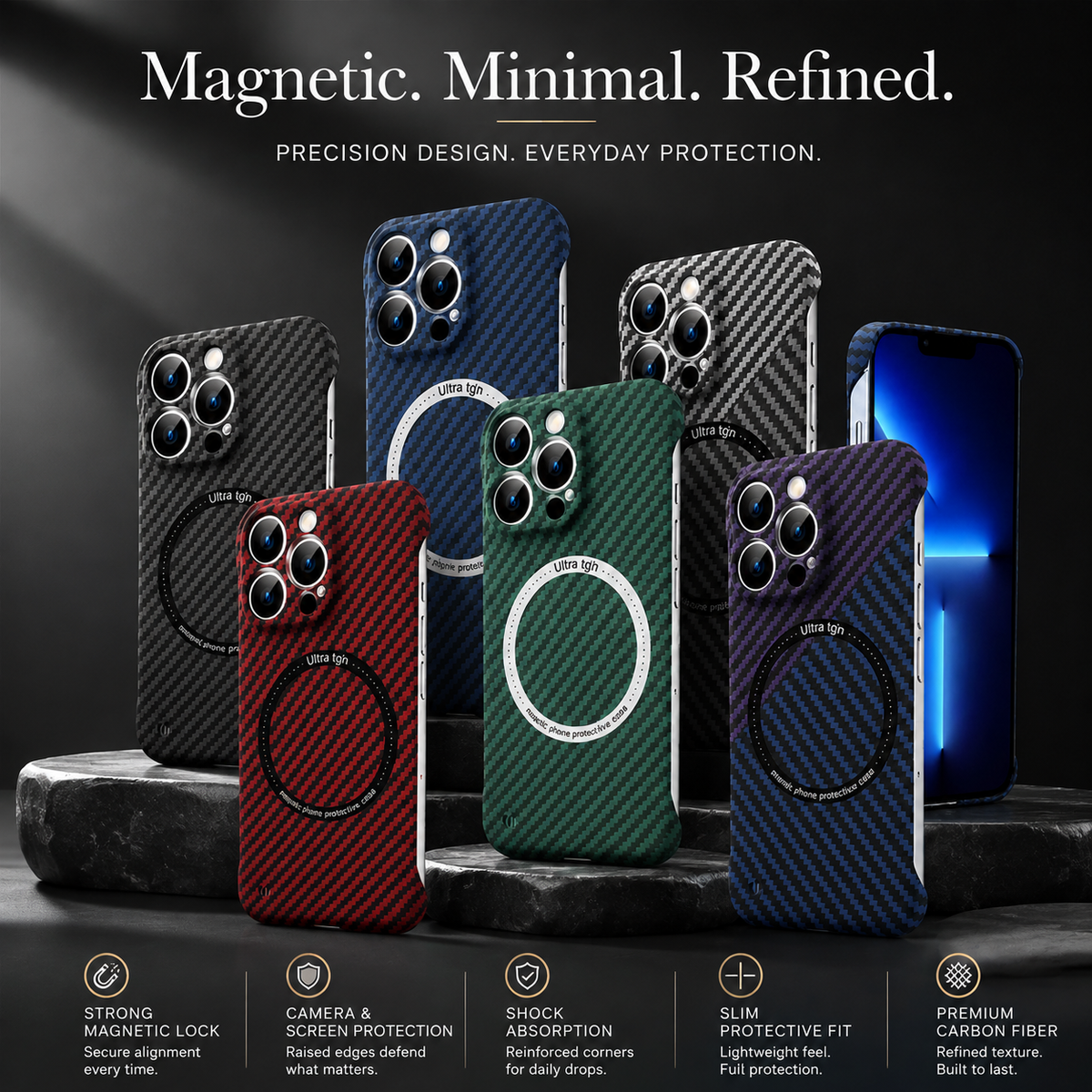 Premium iPhone Case MagSafe Compatible Carbon Fiber Magnetic Cover Shockproof Protection Camera Lens Guard Slim Lightweight Anti Scratch Durable Design