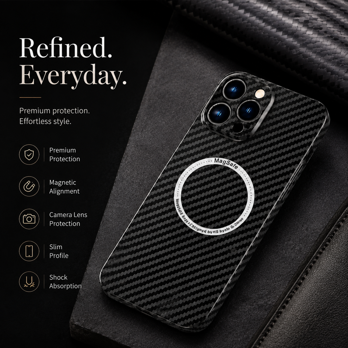 Premium iPhone Case MagSafe Compatible Carbon Fiber Magnetic Cover Shockproof Protection Camera Lens Guard Slim Lightweight Anti Scratch Durable Design