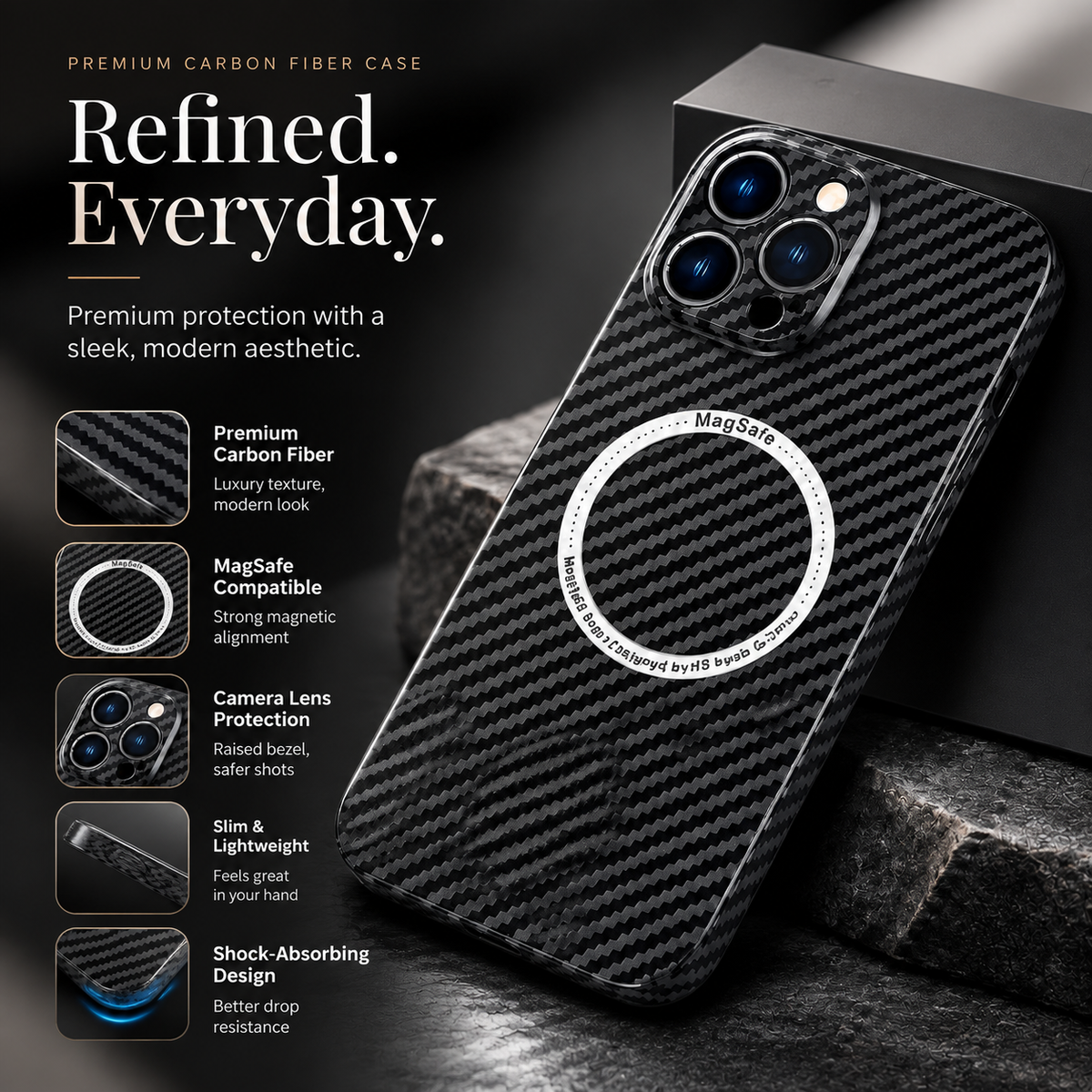 Premium iPhone Case MagSafe Compatible Carbon Fiber Magnetic Cover Shockproof Protection Camera Lens Guard Slim Lightweight Anti Scratch Durable Design