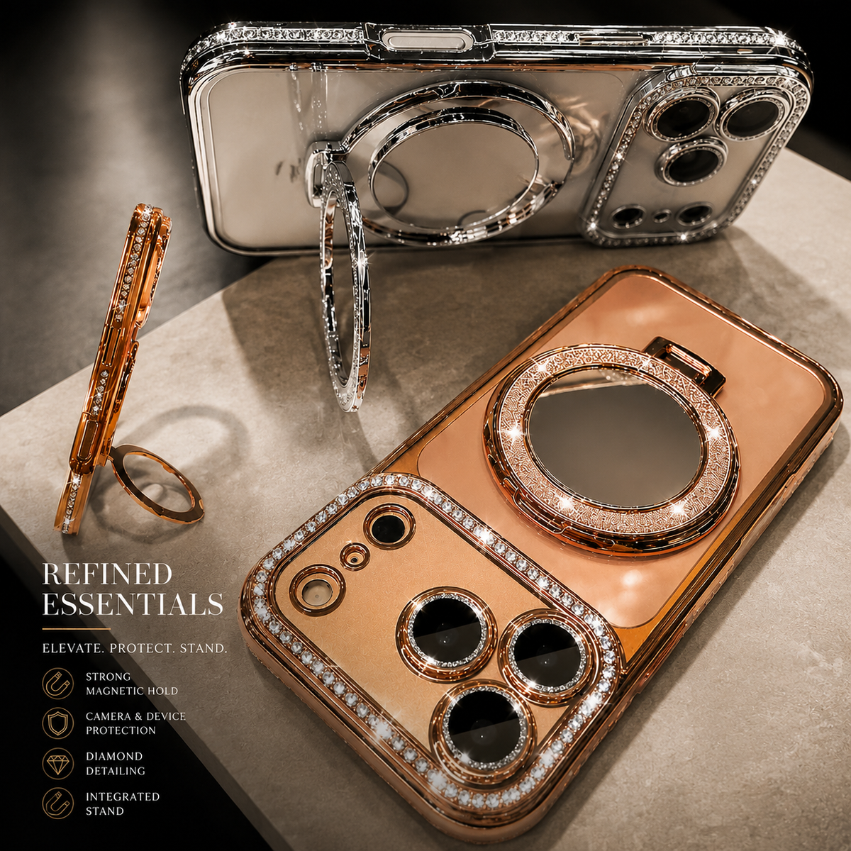 Premium iPhone Case MagSafe Compatible Diamond Mirror Glitter Cover Transparent Protection Shockproof Camera Lens Guard Slim Magnetic Anti Scratch Design