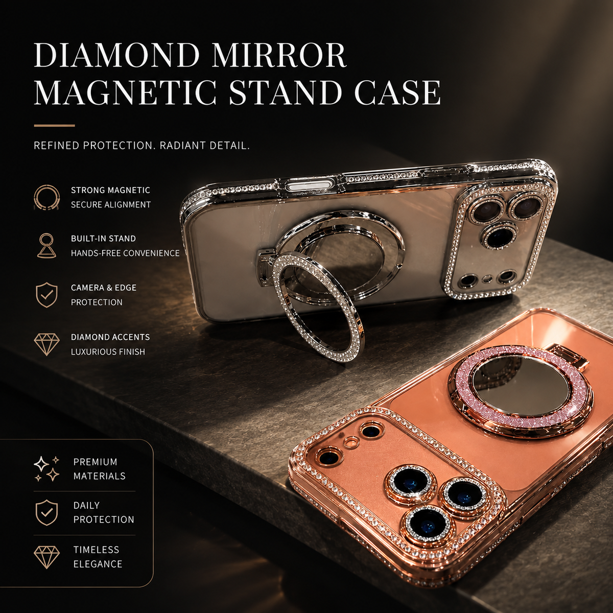 Premium iPhone Case MagSafe Compatible Diamond Mirror Glitter Cover Transparent Protection Shockproof Camera Lens Guard Slim Magnetic Anti Scratch Design