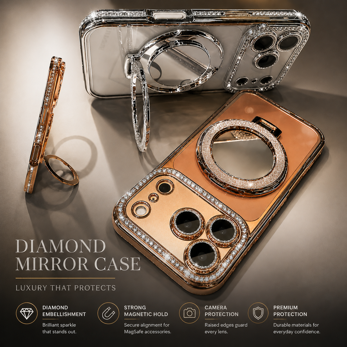 Premium iPhone Case MagSafe Compatible Diamond Mirror Glitter Cover Transparent Protection Shockproof Camera Lens Guard Slim Magnetic Anti Scratch Design