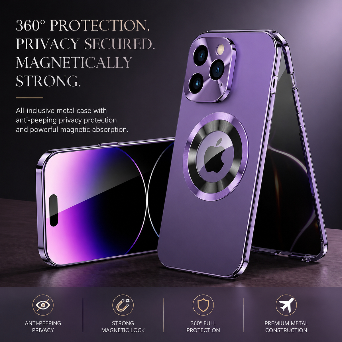 Premium iPhone Case MagSafe Compatible Double Sided Tempered Glass Privacy Screen Metal Frame Shockproof Full Body Camera Lens Protection Slim Design