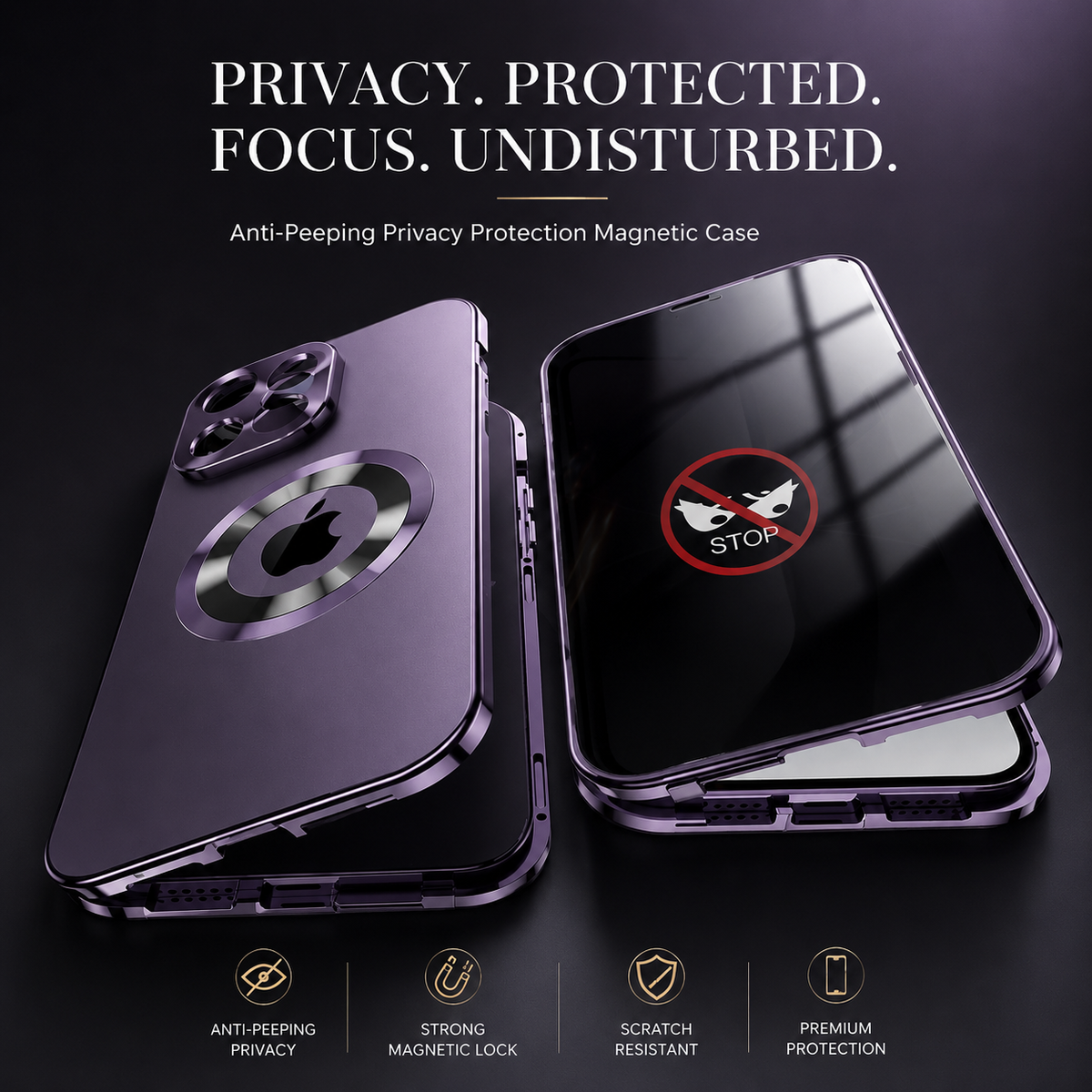 Premium iPhone Case MagSafe Compatible Double Sided Tempered Glass Privacy Screen Metal Frame Shockproof Full Body Camera Lens Protection Slim Design