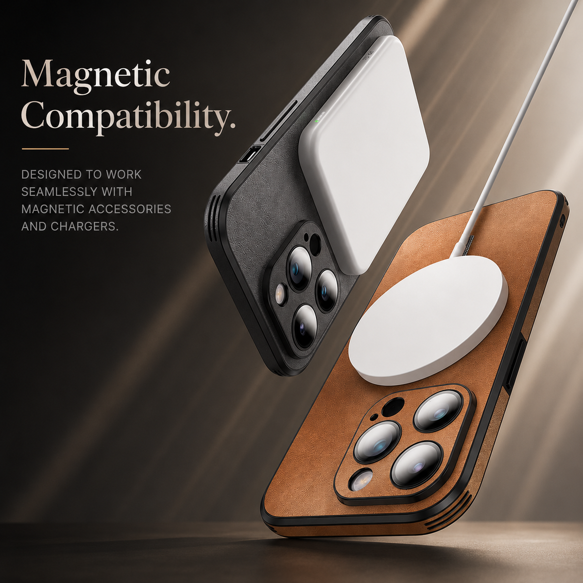 Premium iPhone Case MagSafe Compatible Genuine Leather Shockproof Protective Cover Camera Lens Protection Magnetic Slim Design Soft Touch Grip