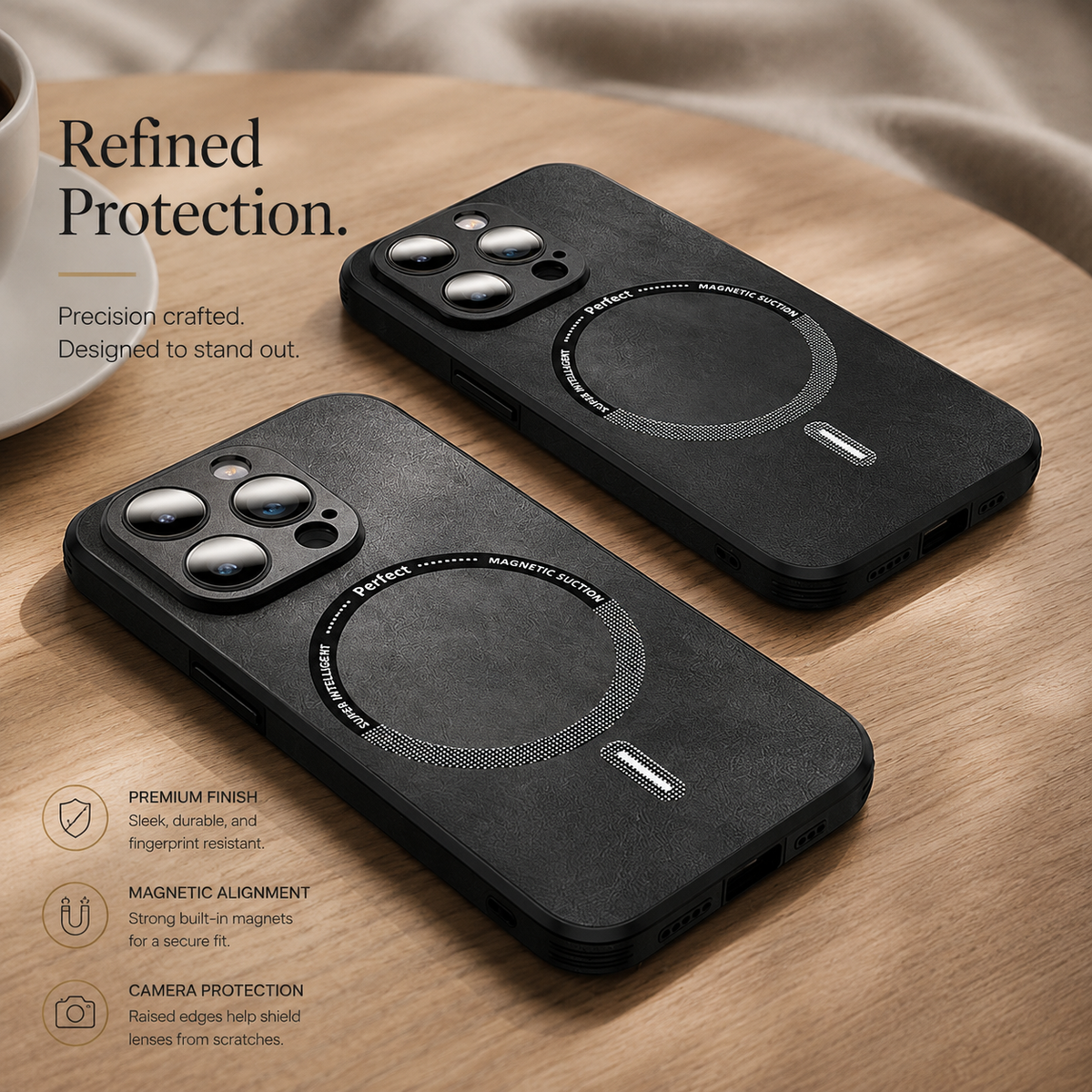 Premium iPhone Case MagSafe Compatible Genuine Leather Shockproof Protective Cover Camera Lens Protection Magnetic Slim Design Soft Touch Grip