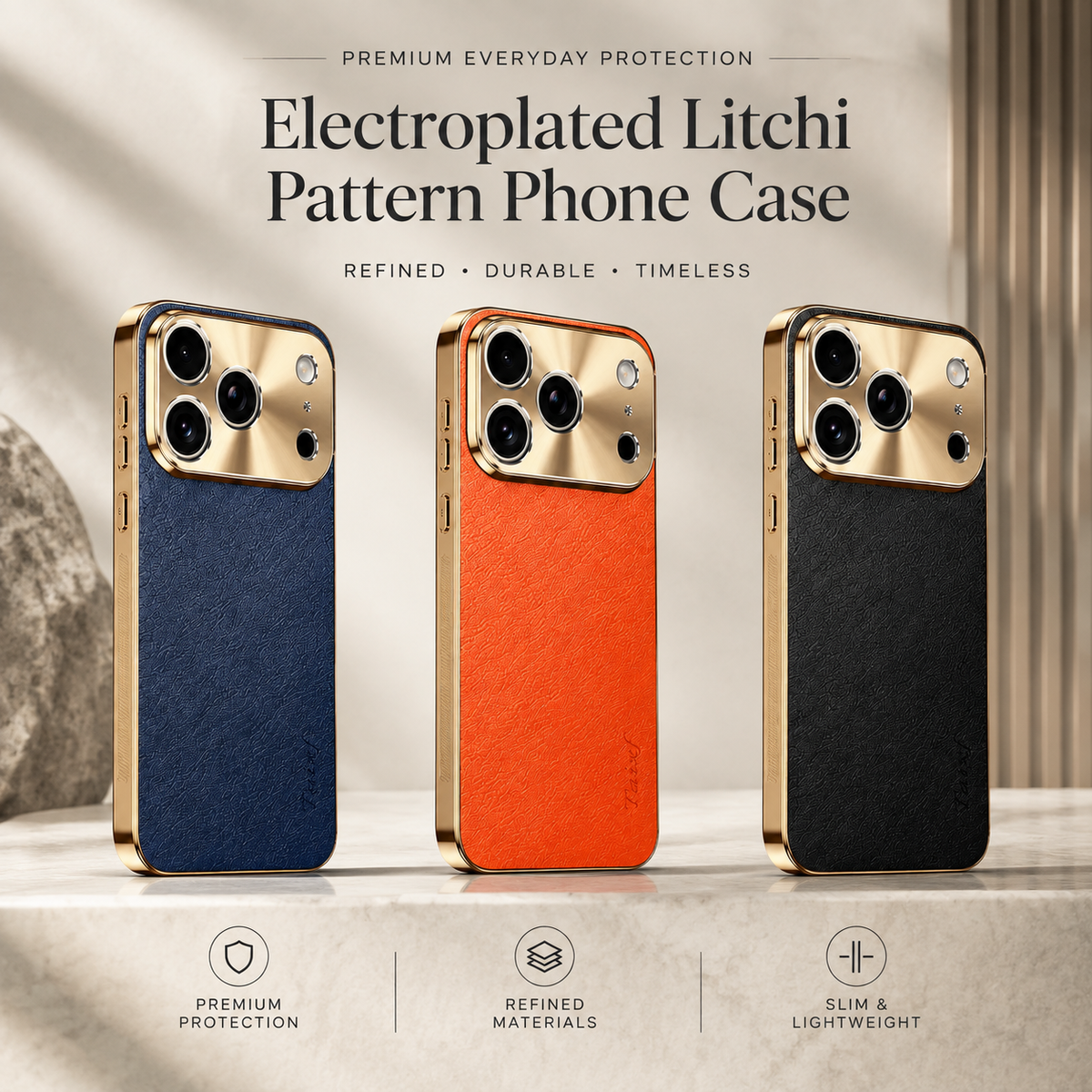 Premium iPhone Case MagSafe Compatible Lychee Texture Leather Cover Electroplated Frame Shockproof Camera Lens Protection Slim Magnetic Anti Slip Design