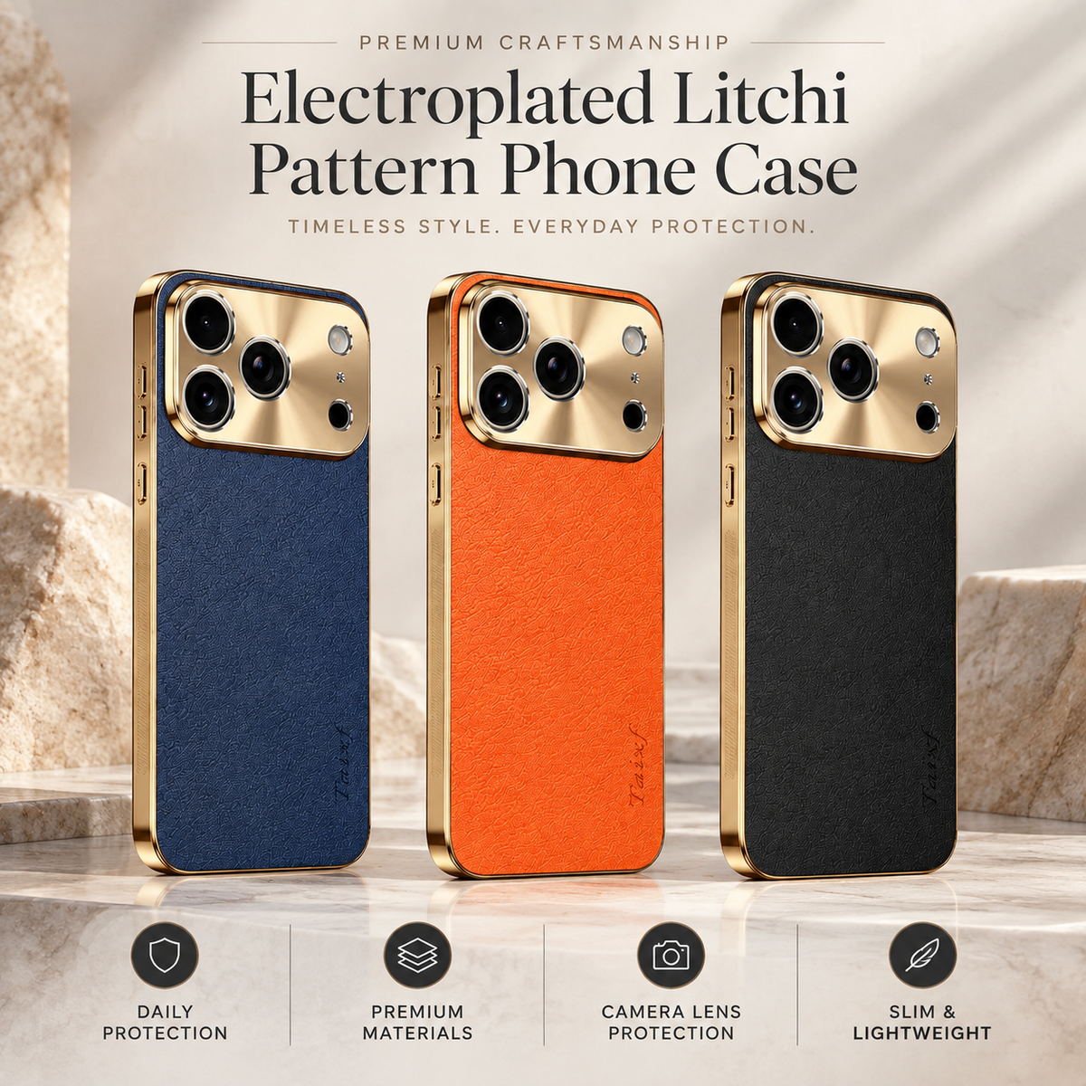Premium iPhone Case MagSafe Compatible Lychee Texture Leather Cover Electroplated Frame Shockproof Camera Lens Protection Slim Magnetic Anti Slip Design