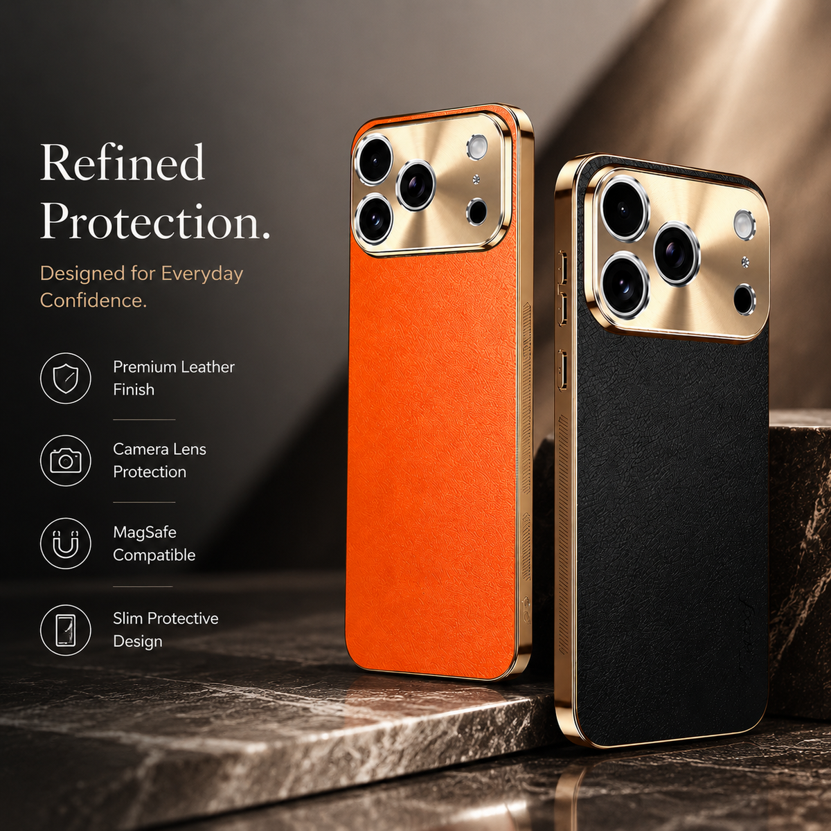 Premium iPhone Case MagSafe Compatible Lychee Texture Leather Cover Electroplated Frame Shockproof Camera Lens Protection Slim Magnetic Anti Slip Design