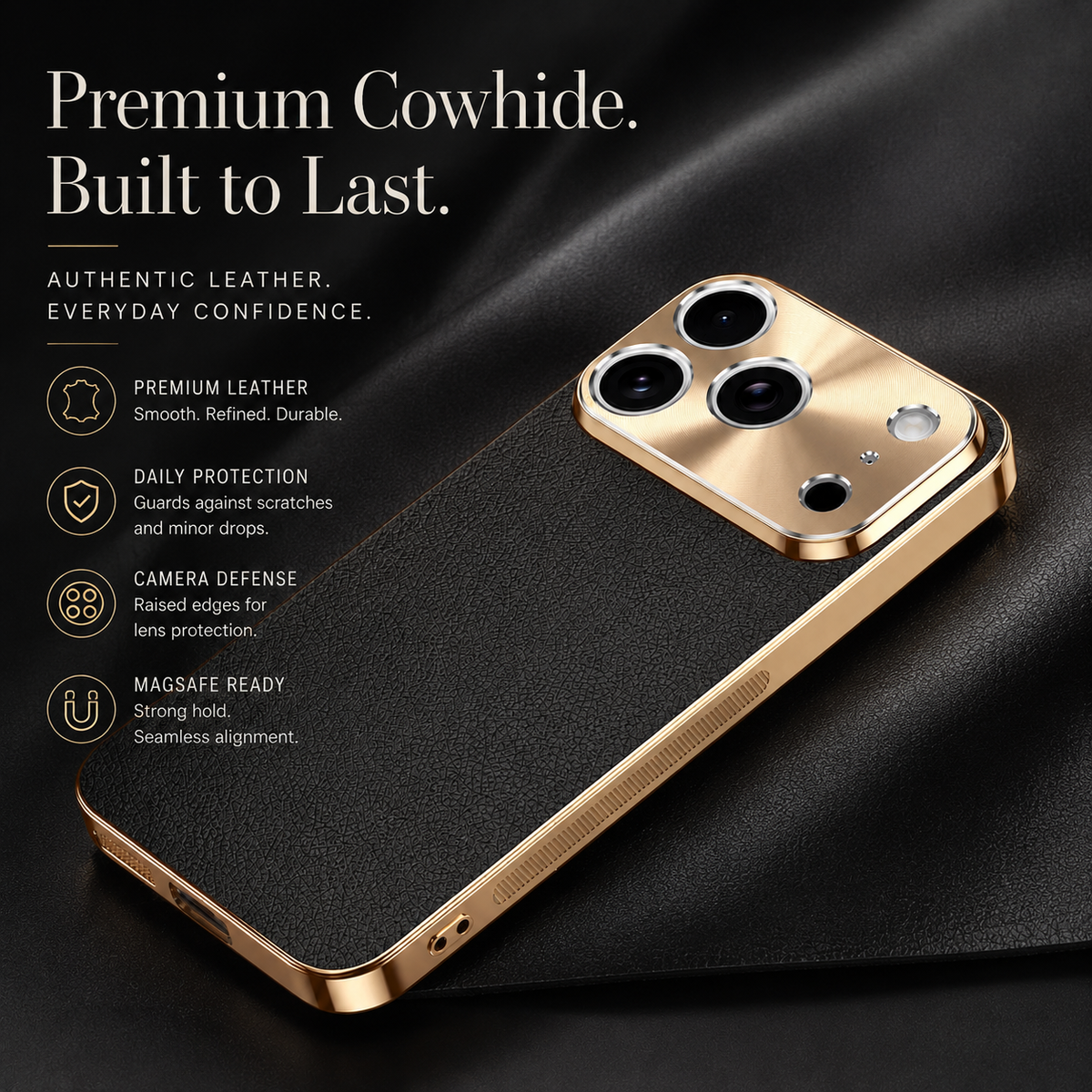 Premium iPhone Case MagSafe Compatible Lychee Texture Leather Cover Electroplated Frame Shockproof Camera Lens Protection Slim Magnetic Anti Slip Design