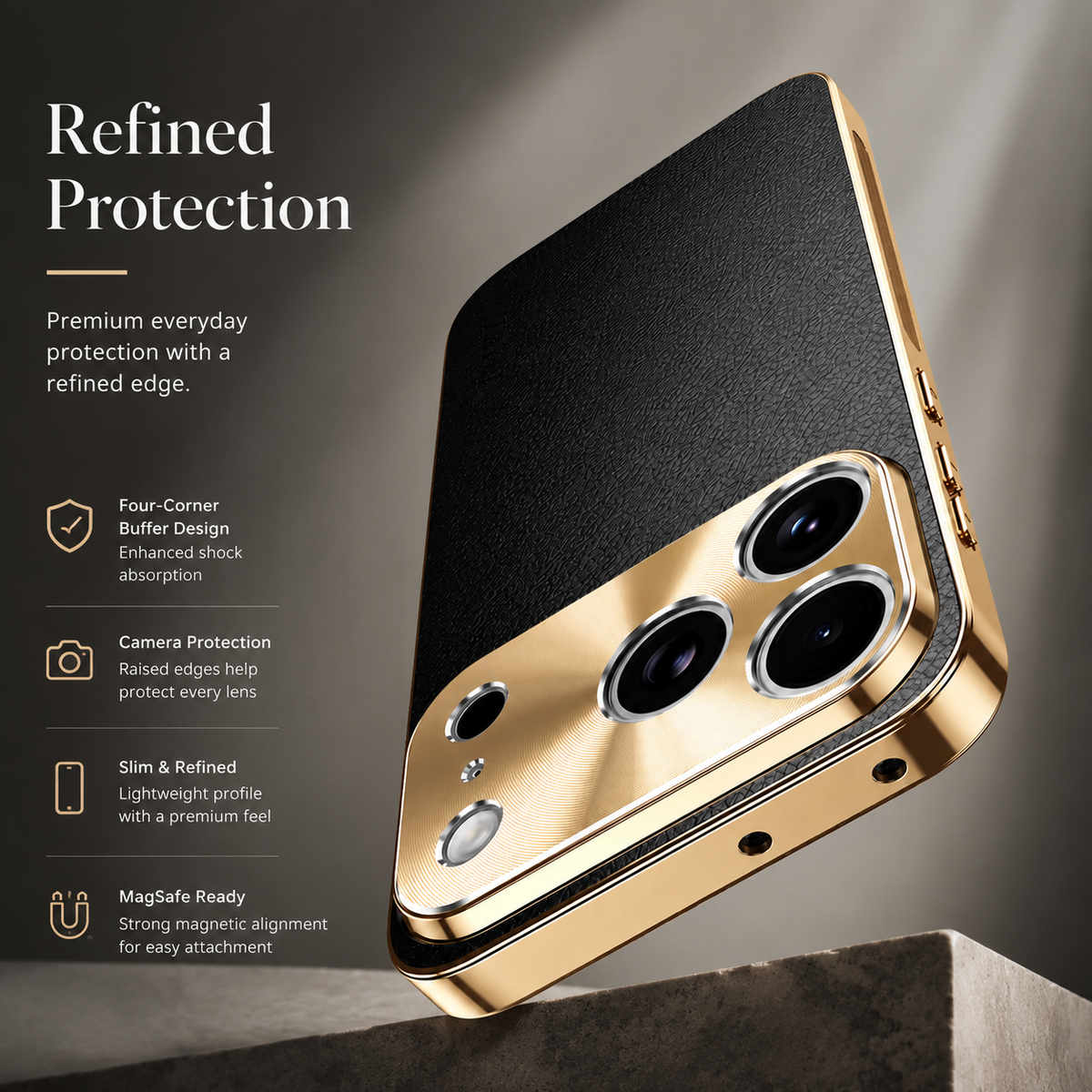 Premium iPhone Case MagSafe Compatible Lychee Texture Leather Cover Electroplated Frame Shockproof Camera Lens Protection Slim Magnetic Anti Slip Design