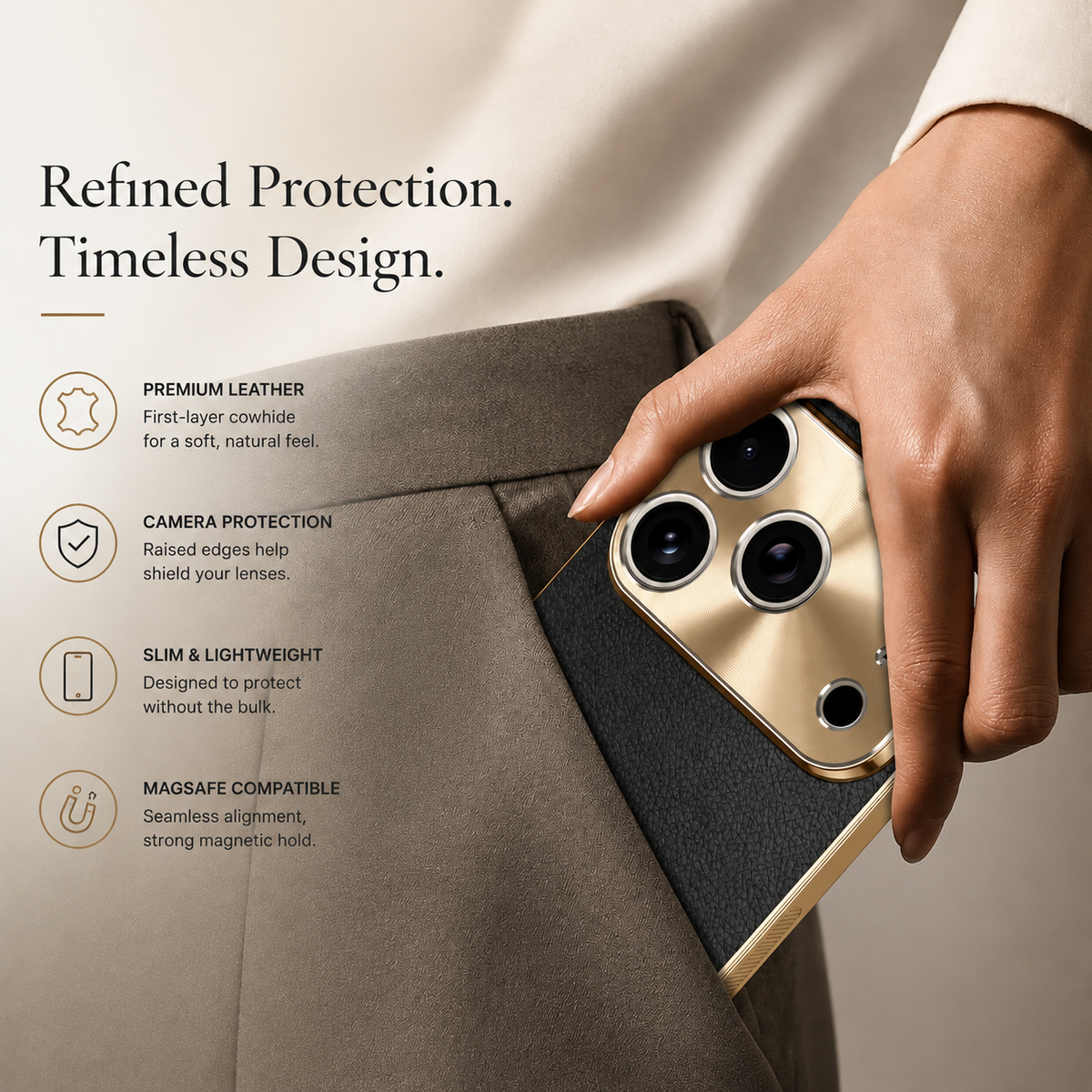 Premium iPhone Case MagSafe Compatible Lychee Texture Leather Cover Electroplated Frame Shockproof Camera Lens Protection Slim Magnetic Anti Slip Design