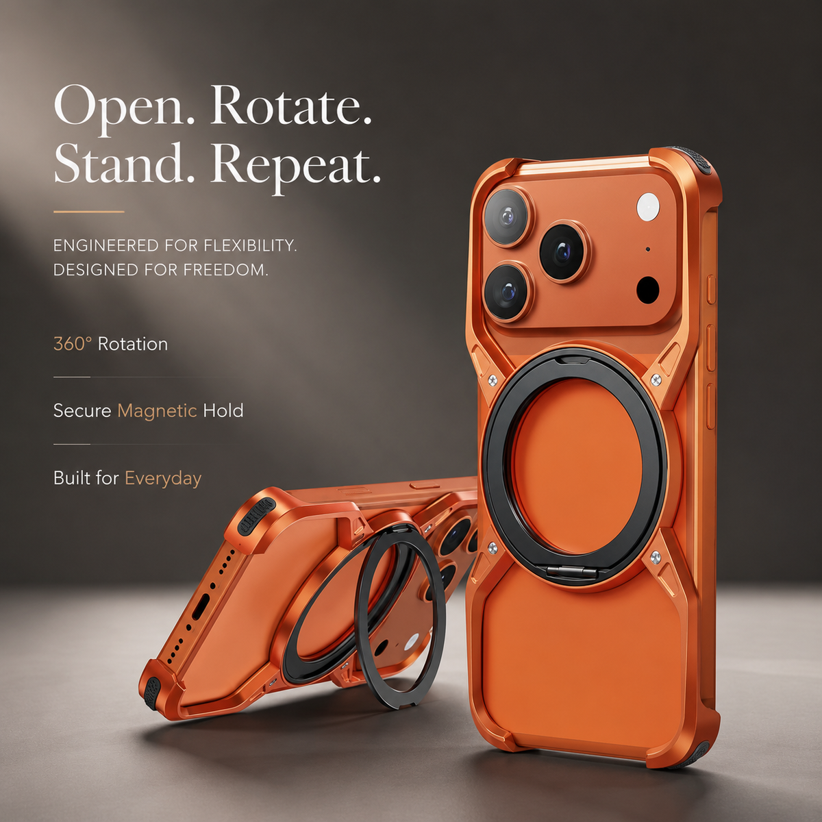 Premium iPhone Case MagSafe Compatible Magnetic Bumper Aluminum Alloy Frame 360° Rotating Ring Stand Shockproof Edge Protection Camera Lens Guard Slim Design