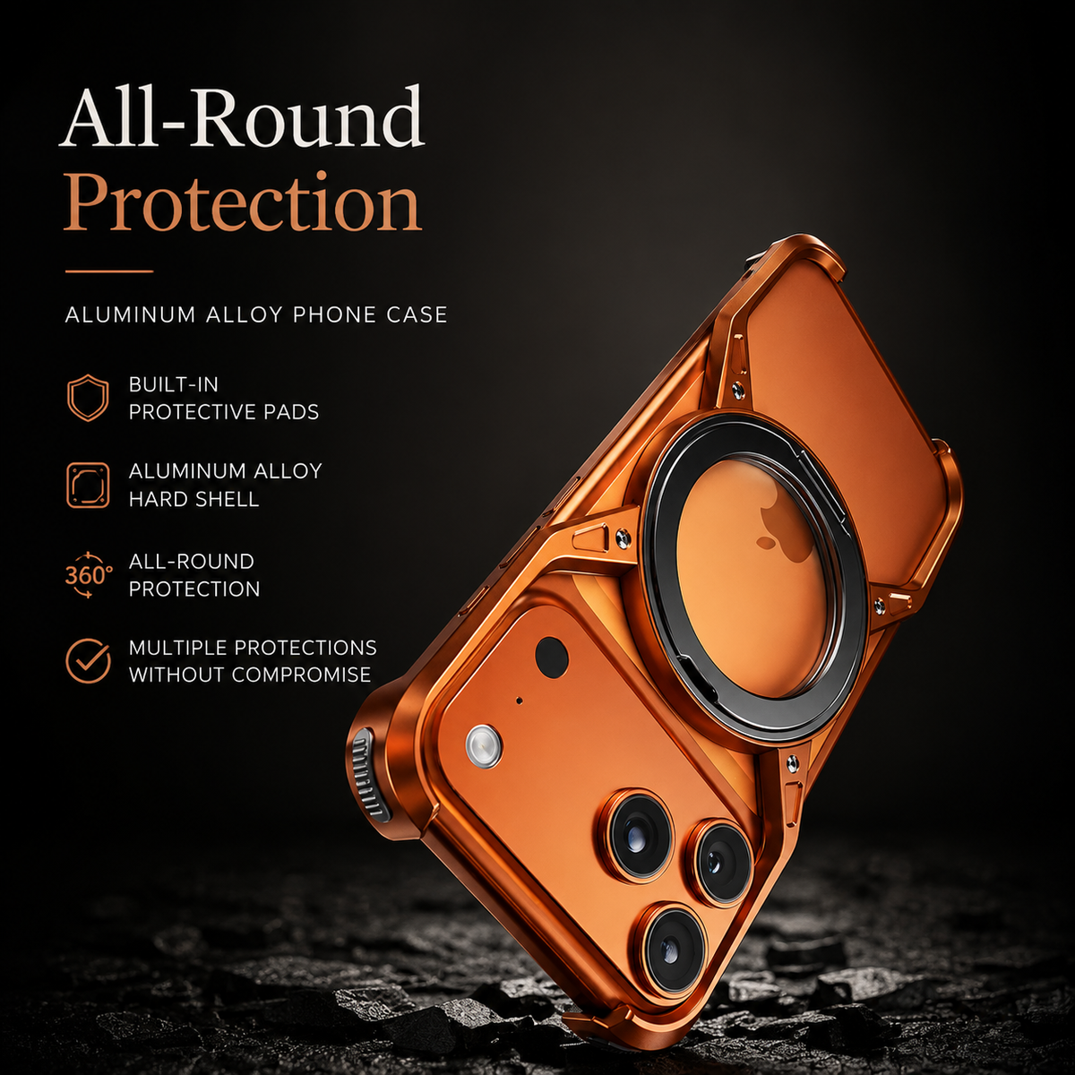 Premium iPhone Case MagSafe Compatible Magnetic Bumper Aluminum Alloy Frame 360° Rotating Ring Stand Shockproof Edge Protection Camera Lens Guard Slim Design