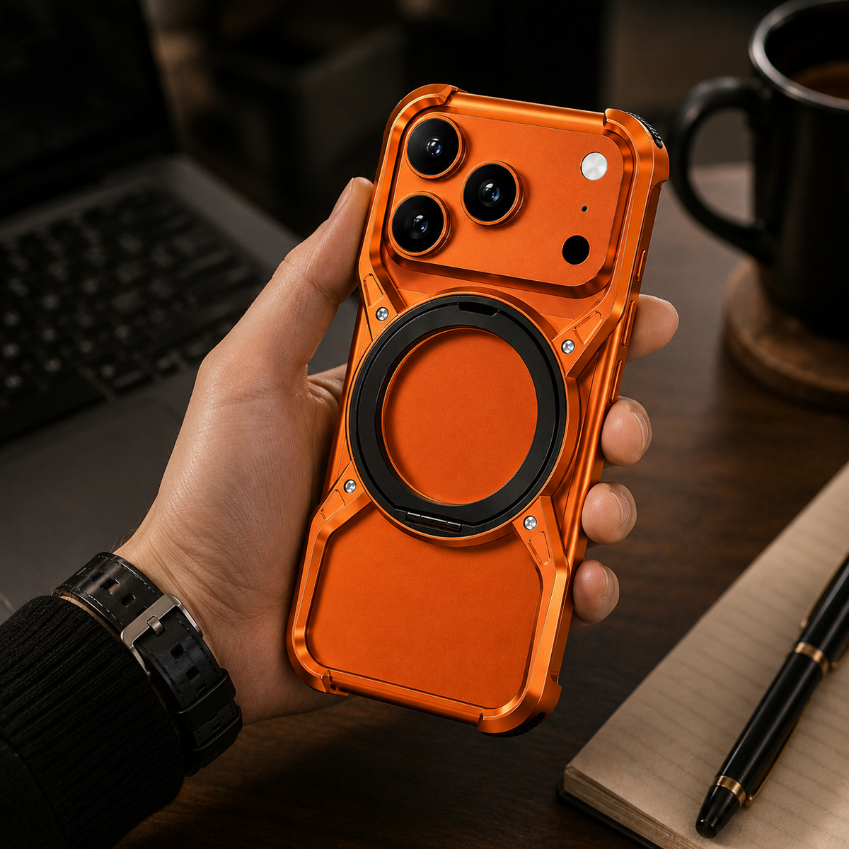 Premium iPhone Case MagSafe Compatible Magnetic Bumper Aluminum Alloy Frame 360° Rotating Ring Stand Shockproof Edge Protection Camera Lens Guard Slim Design