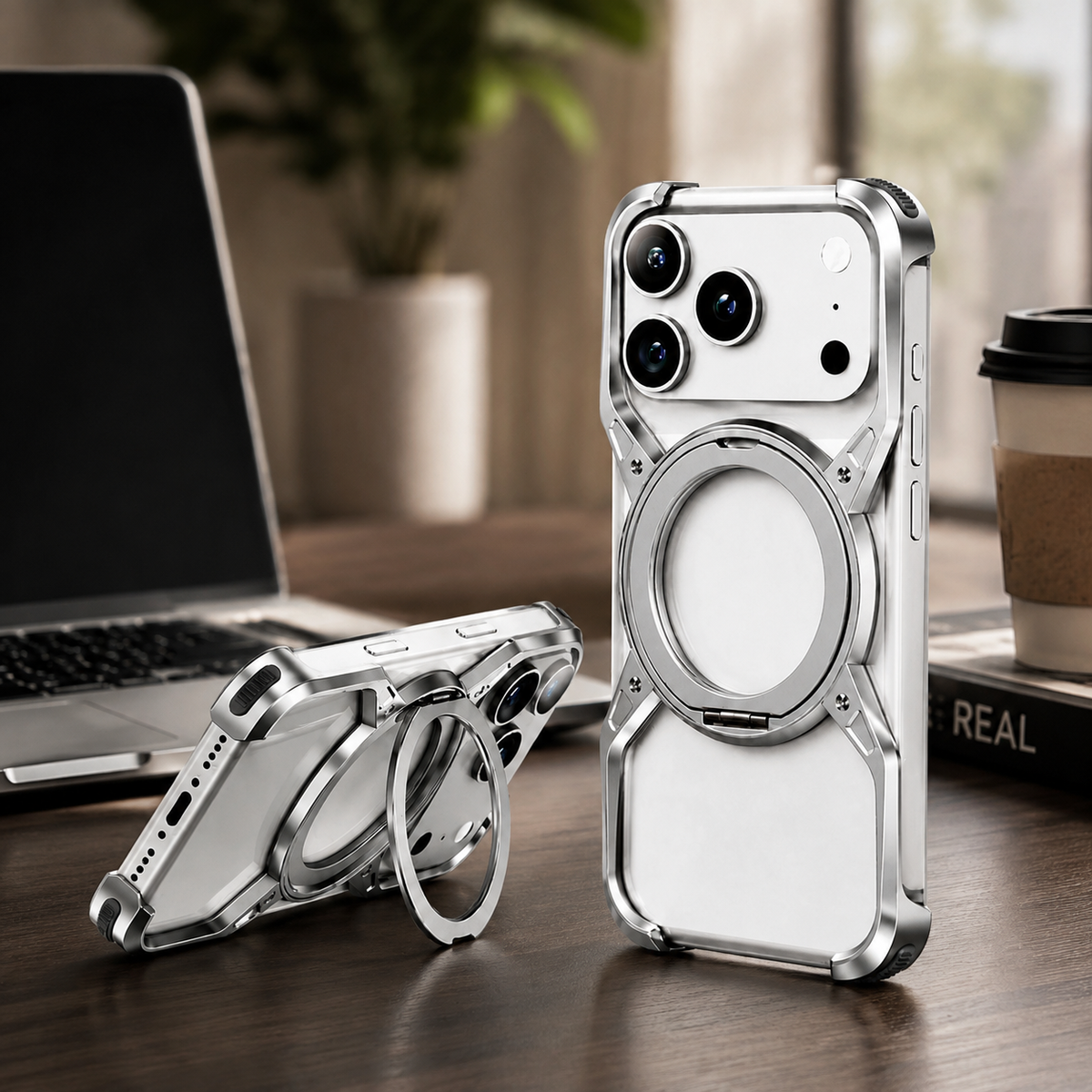 Premium iPhone Case MagSafe Compatible Magnetic Bumper Aluminum Alloy Frame 360° Rotating Ring Stand Shockproof Edge Protection Camera Lens Guard Slim Design