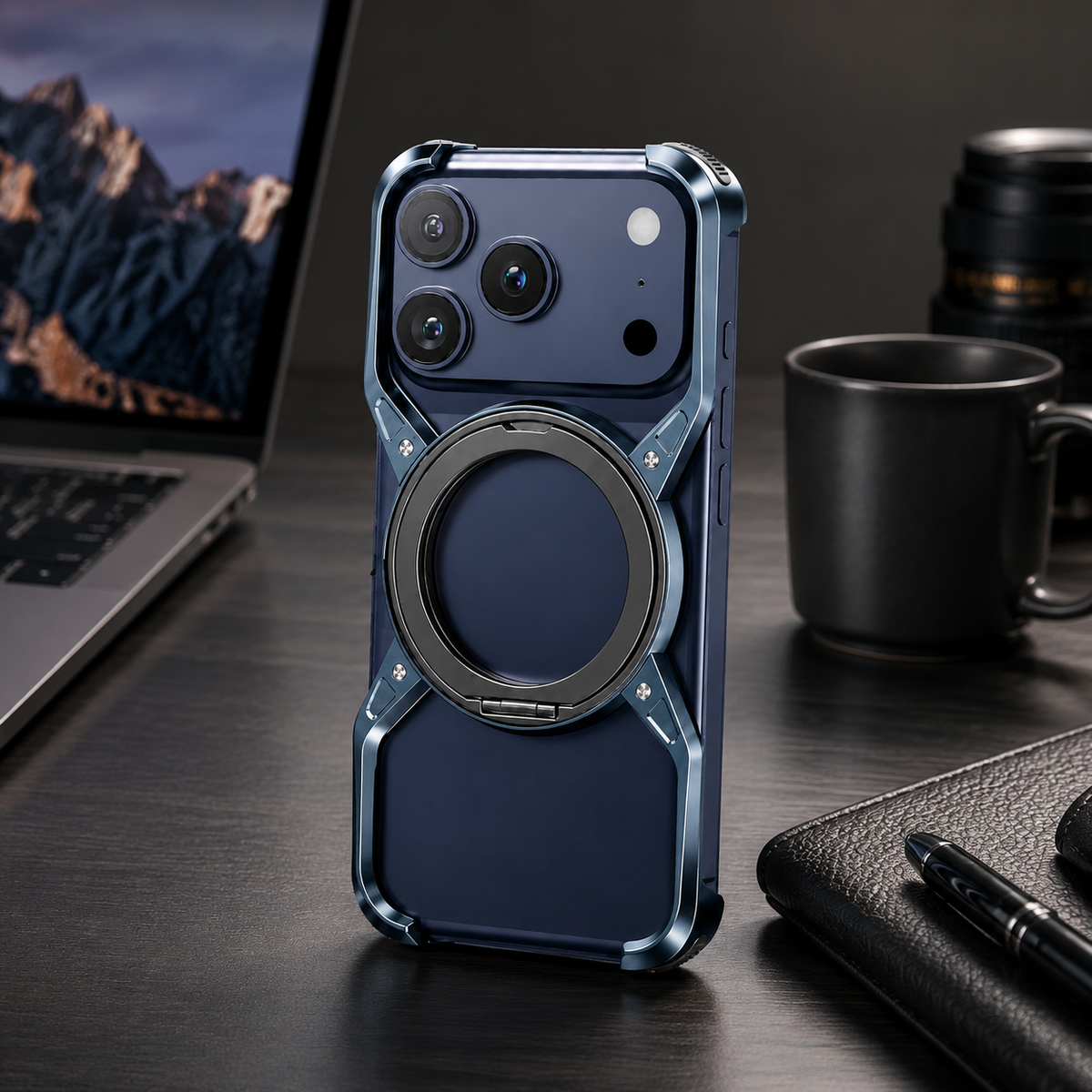 Premium iPhone Case MagSafe Compatible Magnetic Bumper Aluminum Alloy Frame 360° Rotating Ring Stand Shockproof Edge Protection Camera Lens Guard Slim Design