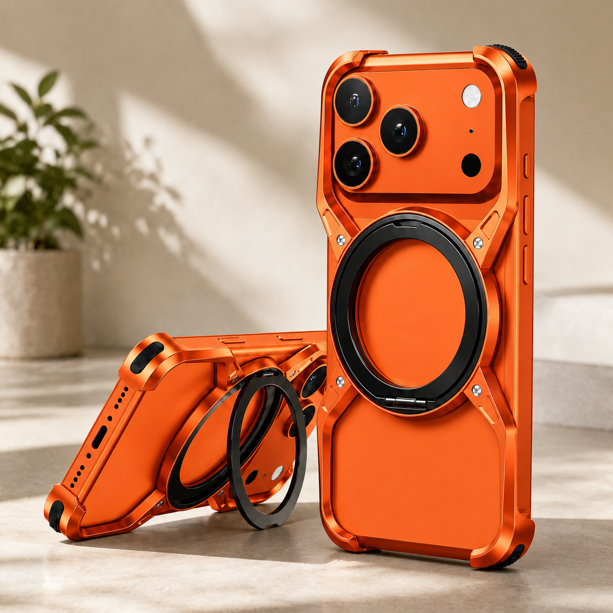 Premium iPhone Case MagSafe Compatible Magnetic Bumper Aluminum Alloy Frame 360° Rotating Ring Stand Shockproof Edge Protection Camera Lens Guard Slim Design