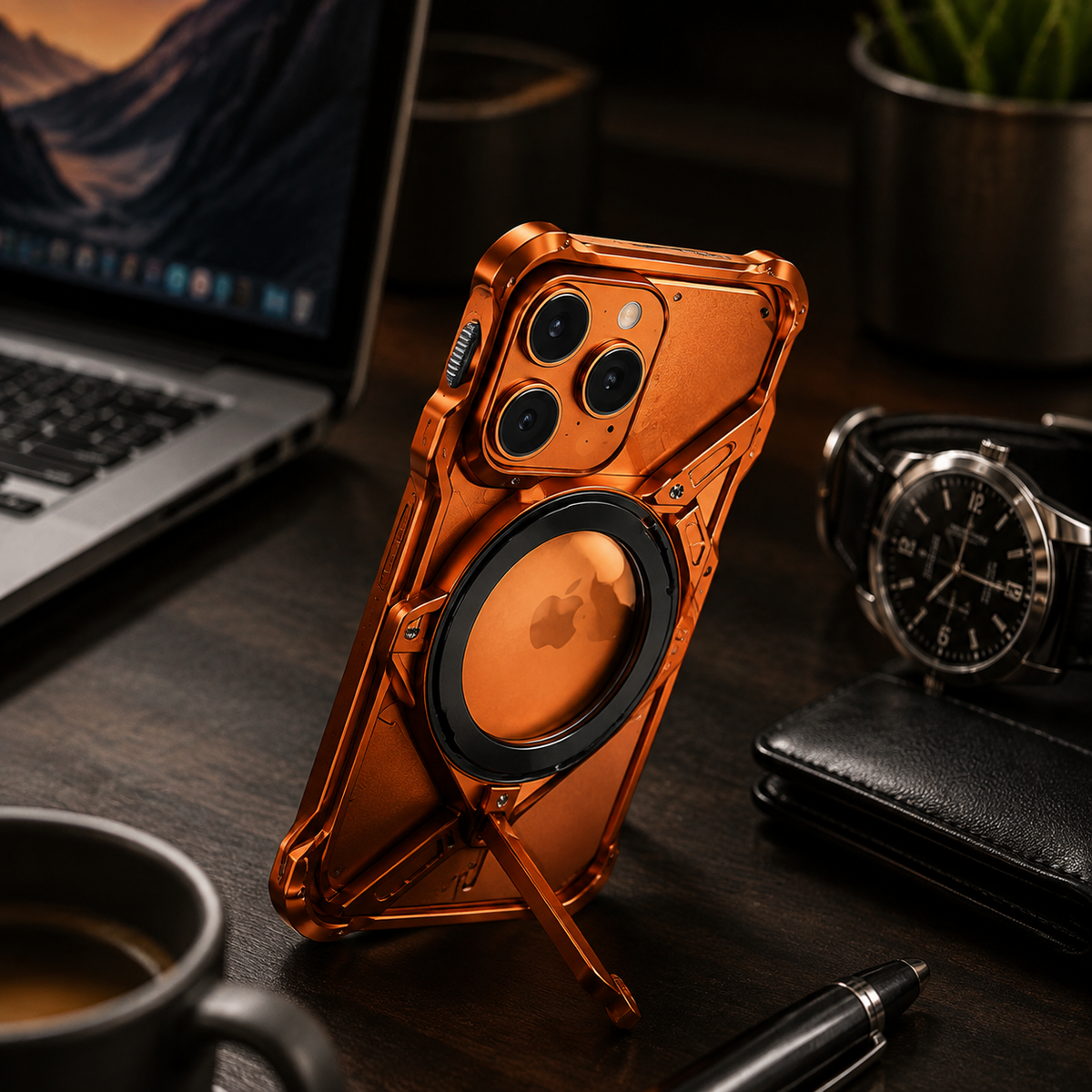 Premium iPhone Case MagSafe Compatible Magnetic Bumper Aluminum Alloy Frame 360° Rotating Ring Stand Shockproof Edge Protection Camera Lens Guard Slim Design