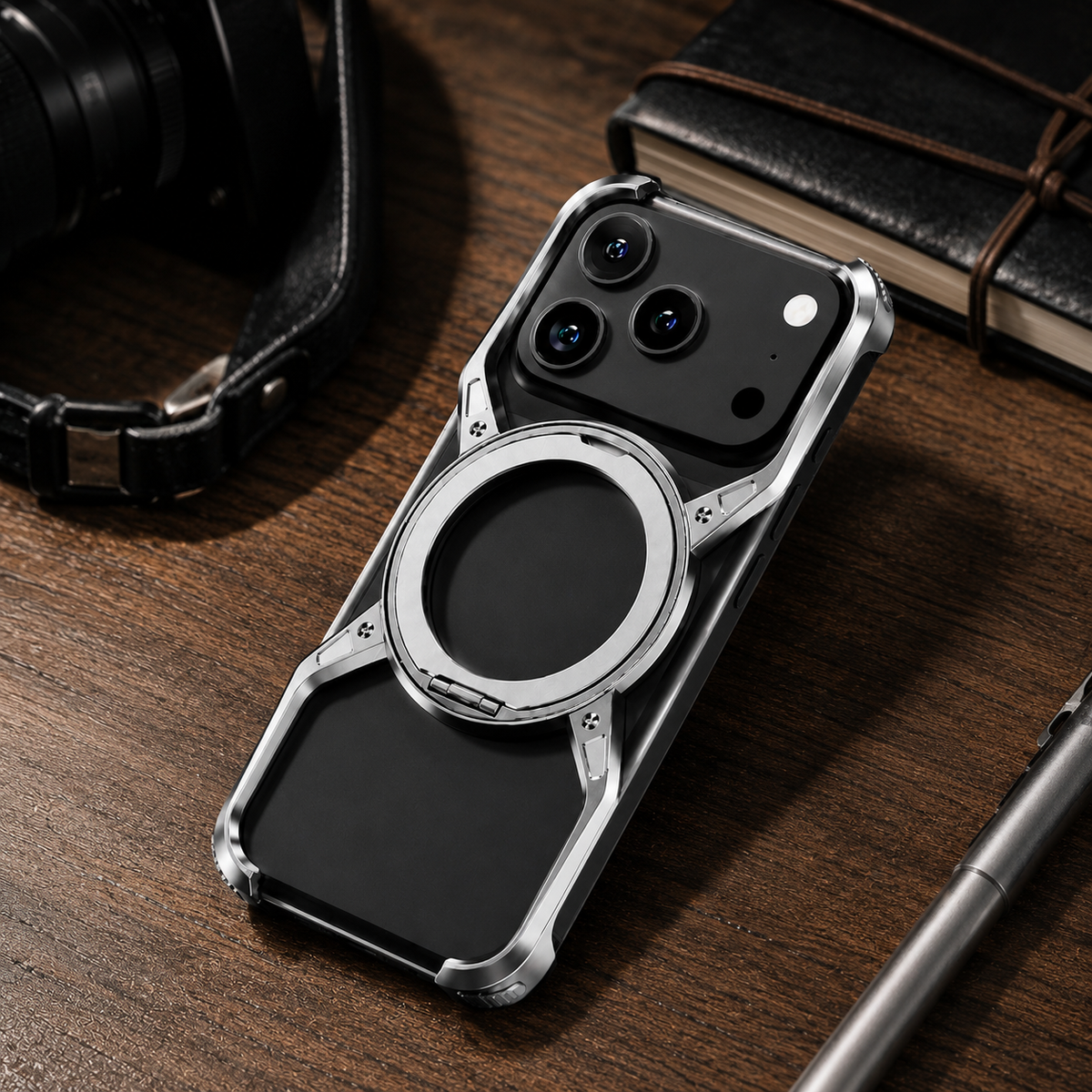 Premium iPhone Case MagSafe Compatible Magnetic Bumper Aluminum Alloy Frame 360° Rotating Ring Stand Shockproof Edge Protection Camera Lens Guard Slim Design