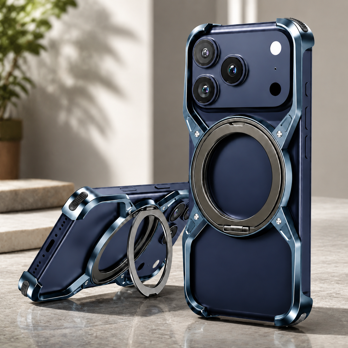 Premium iPhone Case MagSafe Compatible Magnetic Bumper Aluminum Alloy Frame 360° Rotating Ring Stand Shockproof Edge Protection Camera Lens Guard Slim Design